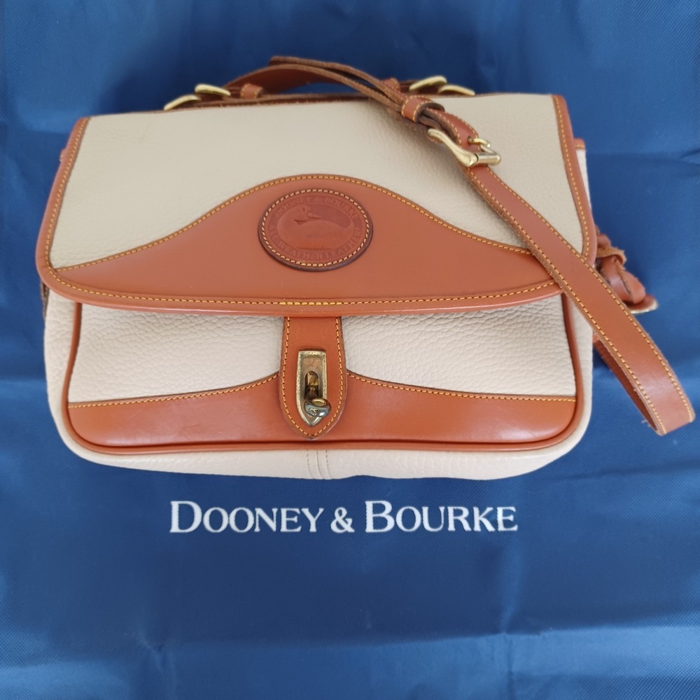 Dooney & Bourke Vintage All Weather Leather Satchel Crossbody Bag Bone Tan Brass